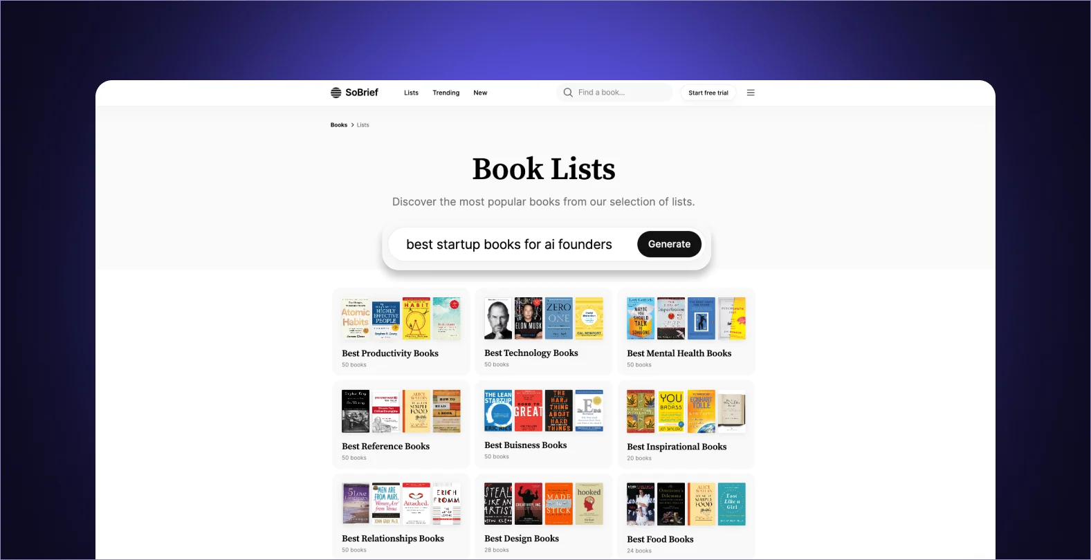 A custom top book list generated by SoBrief's AI-powered recommendation system. The list showcases a variety of non-fiction titles, each with a brief description and relevance rating. This feature demonstrates SoBrief's ability to provide personalized reading suggestions based on user interests, enhancing the learning experience by guiding users to the most relevant content within its vast library of book summaries.