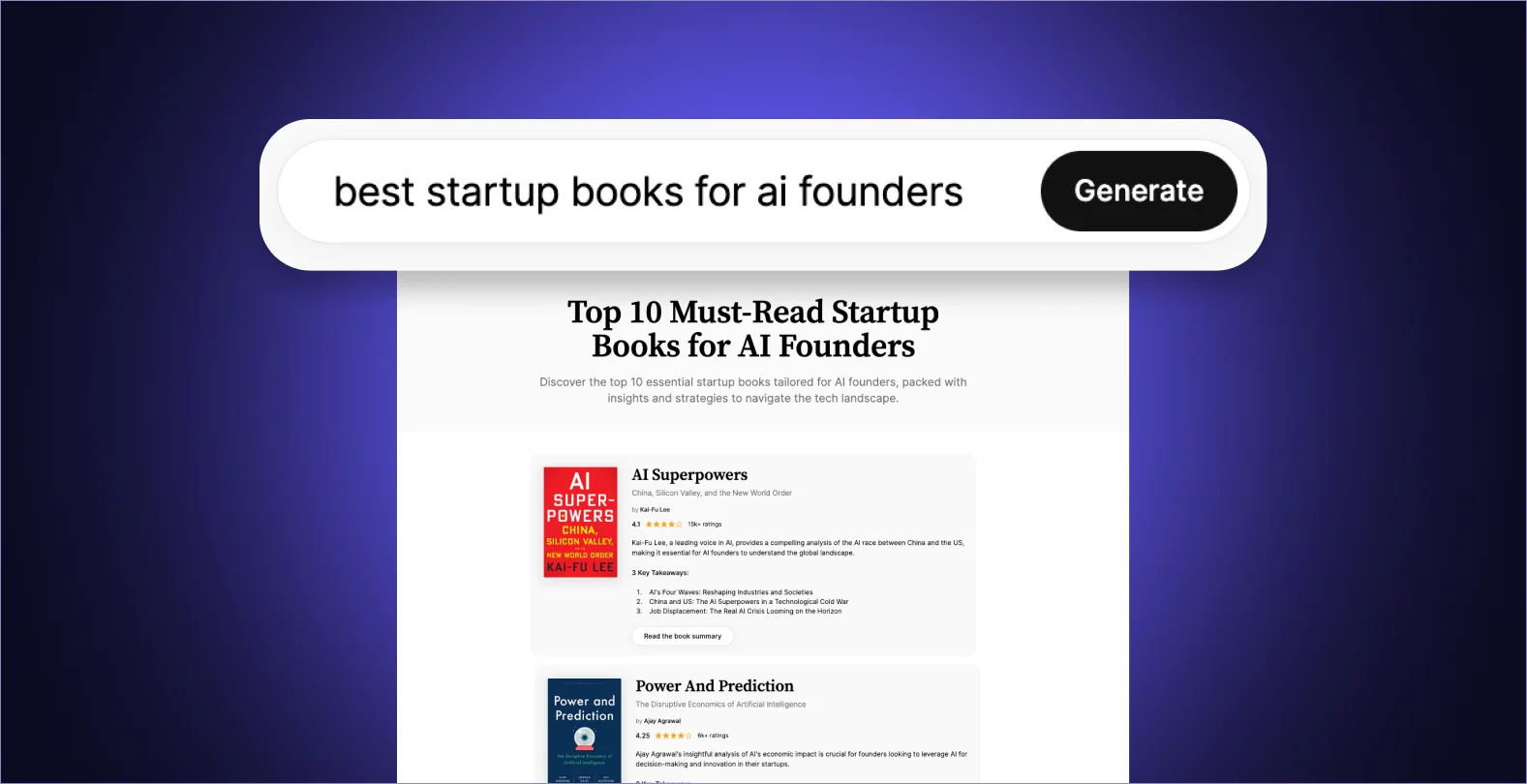 SoBrief's AI book list generator interface. The image shows a search bar with the phrase 'best startup books for AI founders' entered. Below, a curated list of relevant books is displayed, each with a brief description and relevance score. This feature highlights SoBrief's advanced AI capabilities, offering users tailored book recommendations based on specific queries, thereby streamlining the process of finding the most pertinent information for their needs.