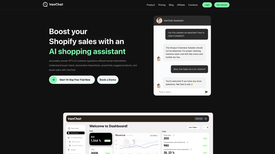 VanChat is an AI shopping assistant with a ChatGPT-like chatbot for Shopify stores.