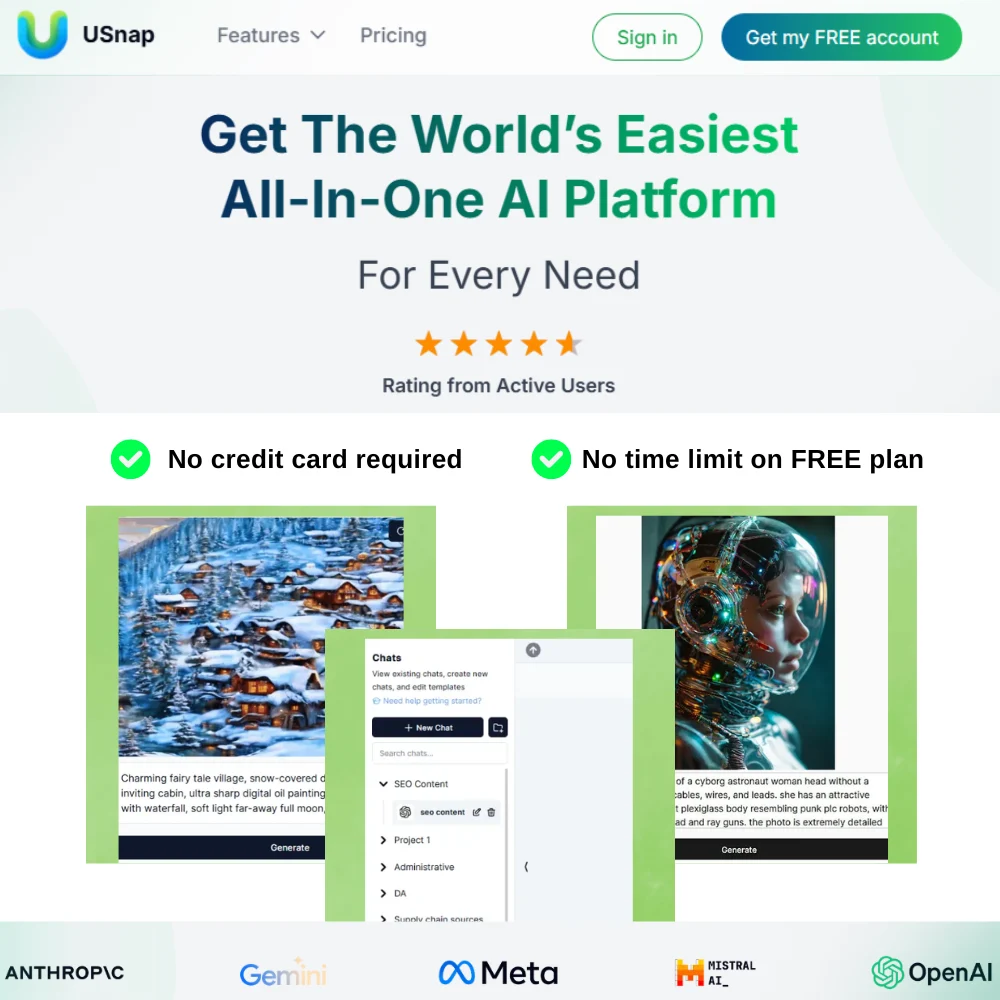 USnap is an all-in-one AI platform combining various AI models to create natural content